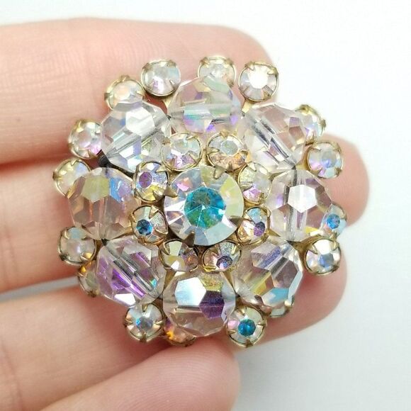 Vintage Sparkly AB Rhinestone and Glass Bead Cluster Brooch, Iridescent Pin - Picture 1 of 6